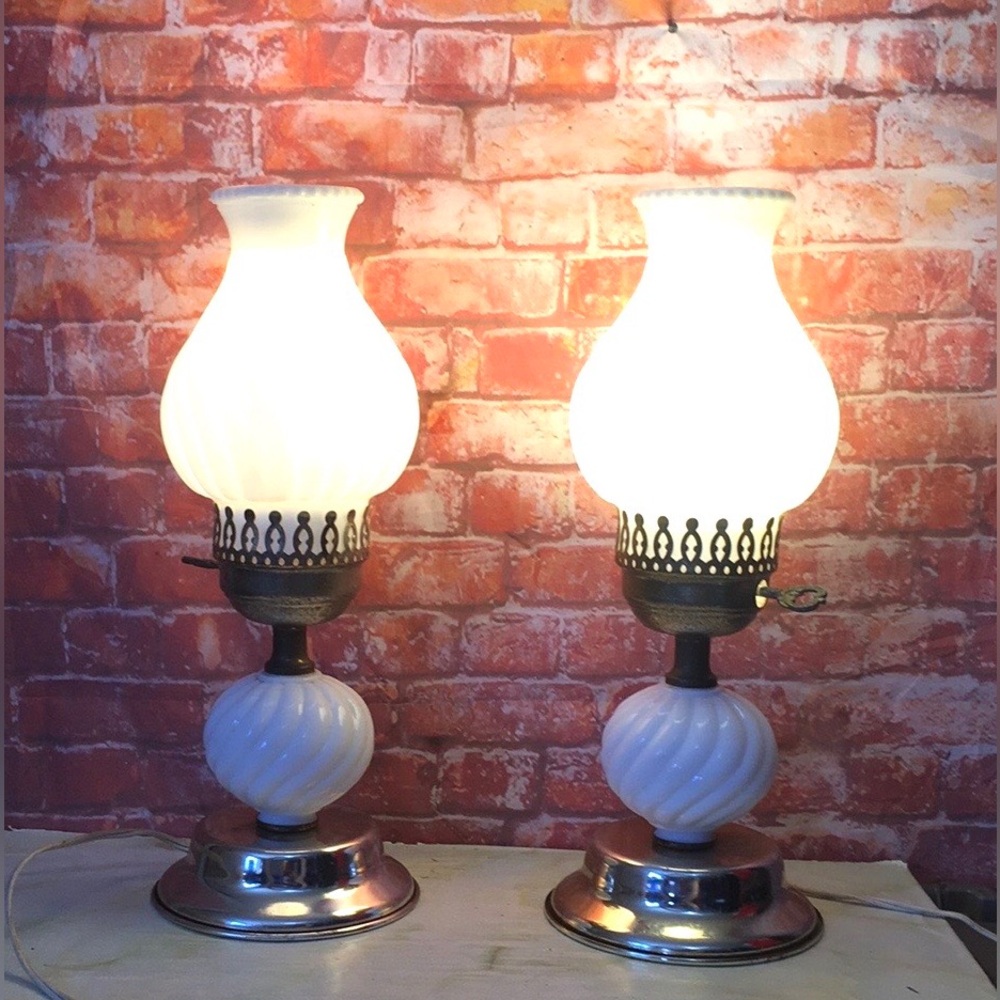 Set of Two Vintage Plug in Swirled  Milk Glass Hurricane Boudoir Lamps